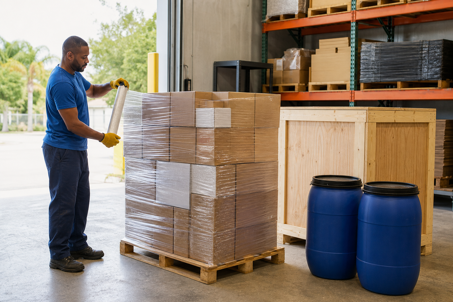 Cargo being palletised and wrapped in a warehouse